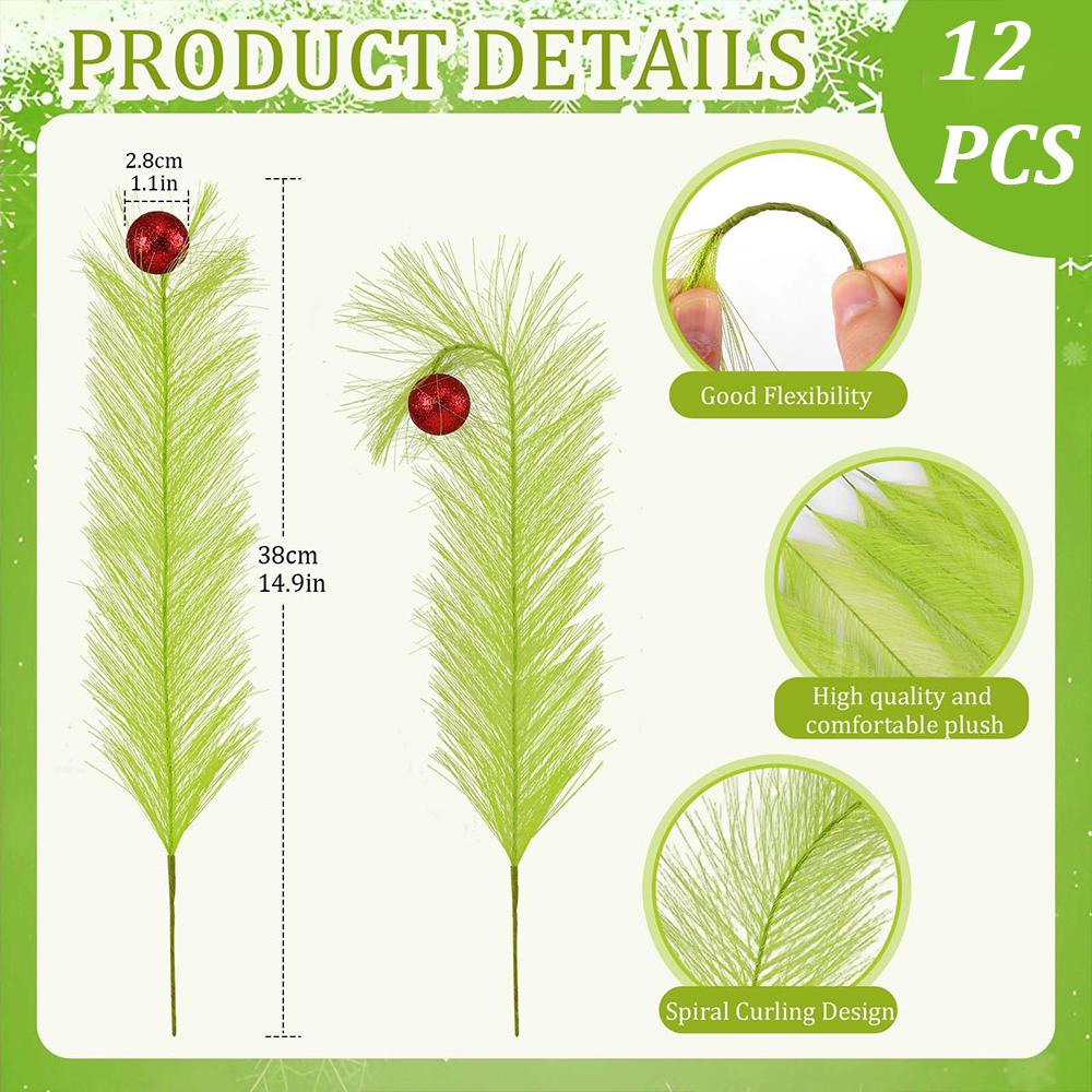 12PCS Christmas Picks Sprays Tree Topper Lime Green Curly with Red Ball Artificial Pampas Stems for Xmas Tree Crafts Home Decor
