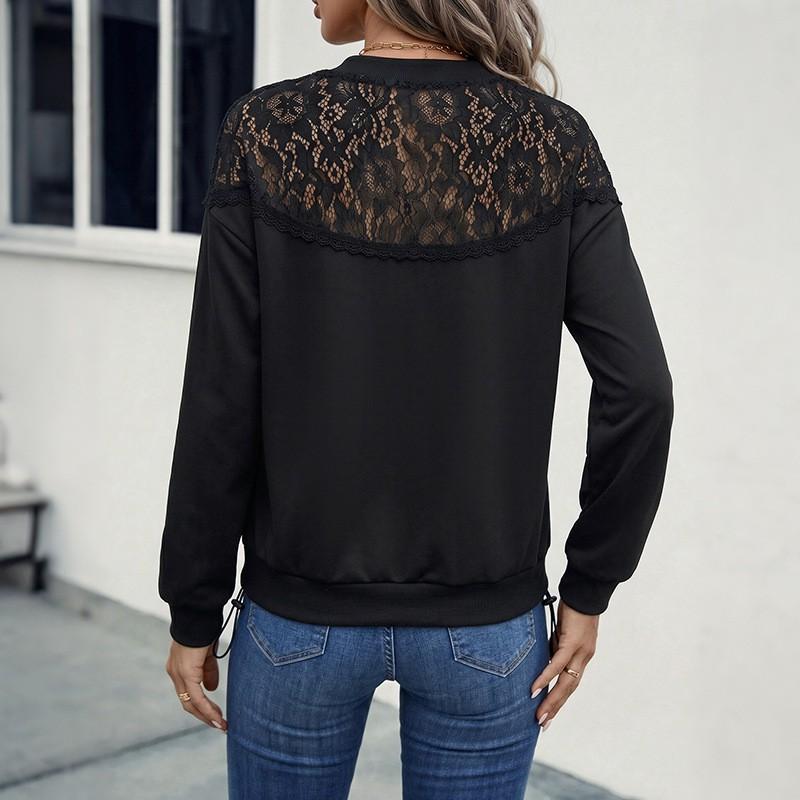 Womens Loose Long Sleeve T-Shirt With Lace Cutout Detail Fall Winter 2026 Elegant Casual Top