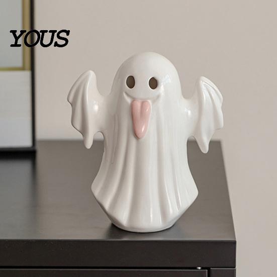 Modern Minimalist Home Decor Light Up Ceramic Ghost Figurines for Halloween Decor, Cute White Statue Milky Vase with Pink Tongue, LED Night
