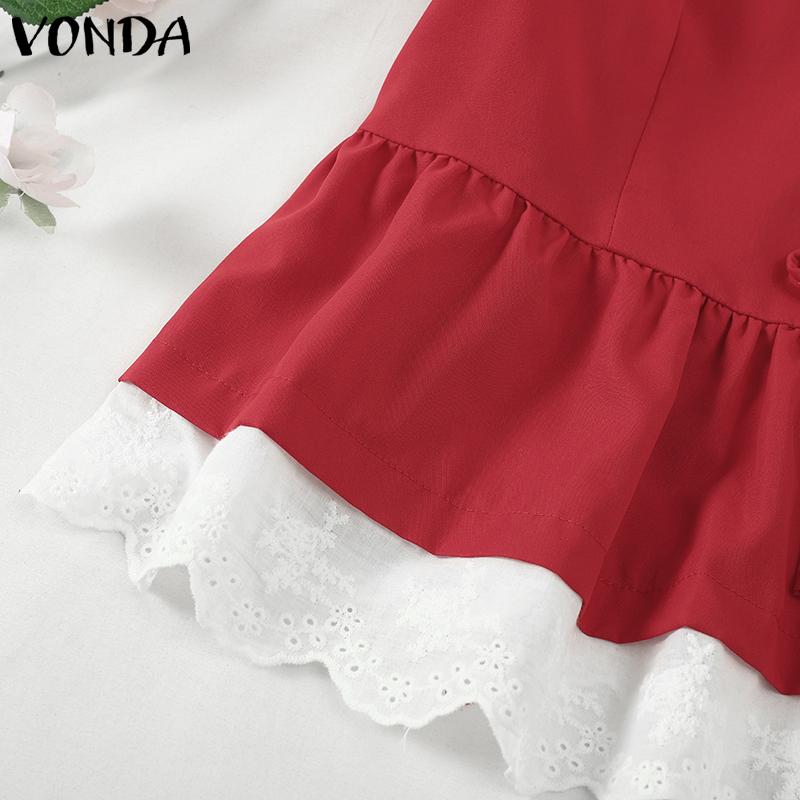 VONDA Women Summer Round Neck Puff Short Sleeve Lace Hem Blouses
