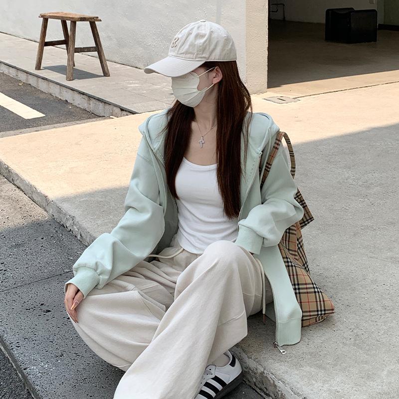 Mint Mambo Green Fall Zipper Sweater Jacket Female Spring and Fall Thin Slim Waist Casual Short Cardigan Comfortable Versatile and Fashionable