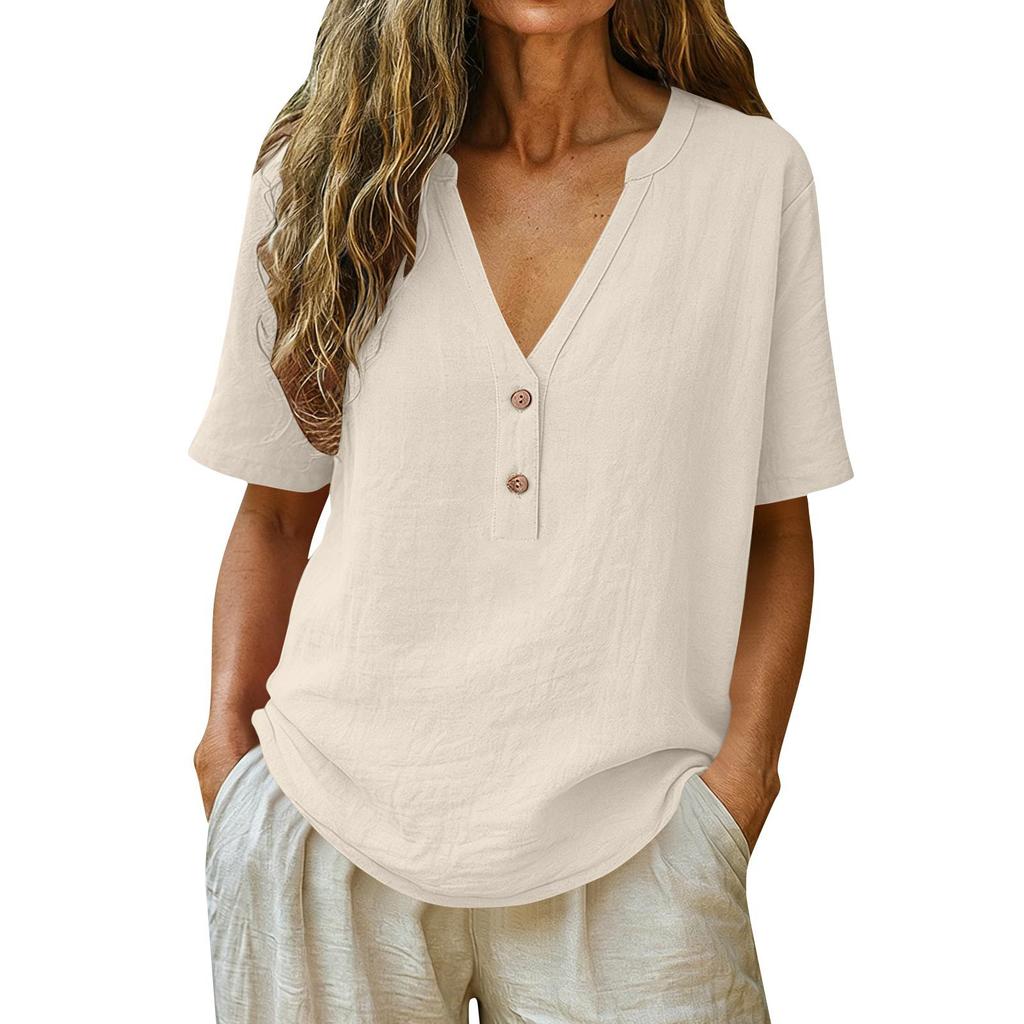 Women Solid Button V Neck Short Sleeve Casual T Shirt