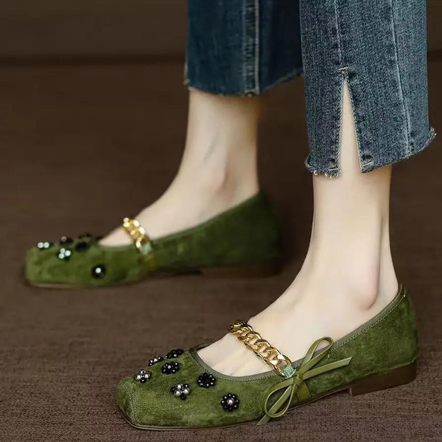 Rhinestone Women's Flat Mary Jane Shoes Square Toe Green Ladies Footwear Low Price 39 Summer 2025 High Quality Fashion Young Y2k