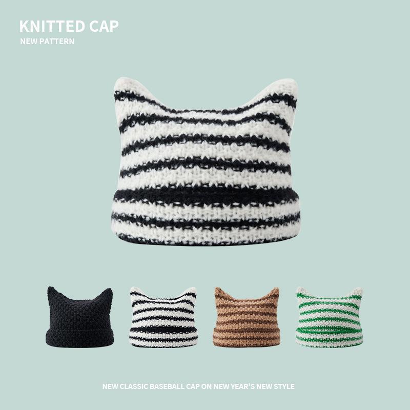 Japanese Cute Stripe Little Devil Pom-pom Knit Hat with Ear Protection for Autumn and Winter Warmth