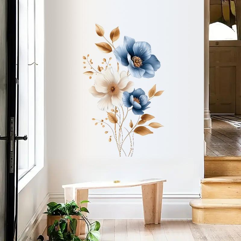 Simulated Blue White Floral Gold Leaves Wall Sticker Self-Adhesive Removable for Bedroom Hallway Elegant Home Decor Art