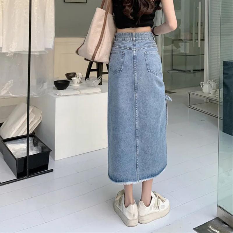 Džínové sukně pro ženy Gotická černá Ruched Boční rozpark Dlouhá džínová sukně Vysoký pas Letní Ležérní Streetwear sukně
