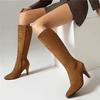 FOREADA Women Knee High Boots Pointed Toe Kitten High Heels Zipper Long Boots Ladies Fashion Shoes Autumn Winter Beige 46