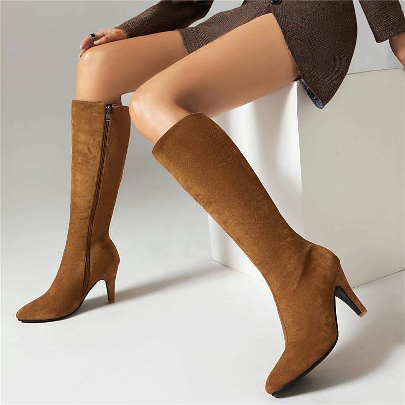FOREADA Women Knee High Boots Pointed Toe Kitten High Heels Zipper Long Boots Ladies Fashion Shoes Autumn Winter Beige 46