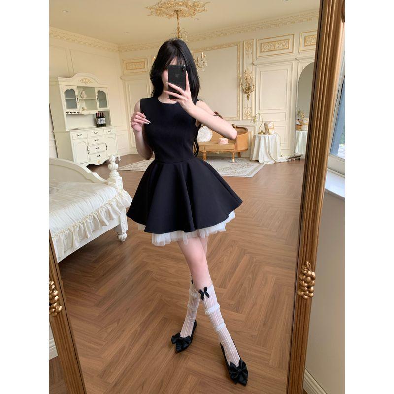 

Kumikumi French style Hepburn Style Blue dress Women Summer Temperament Waist Hugging Chic Slimming Pettiskirt Short dress Black L