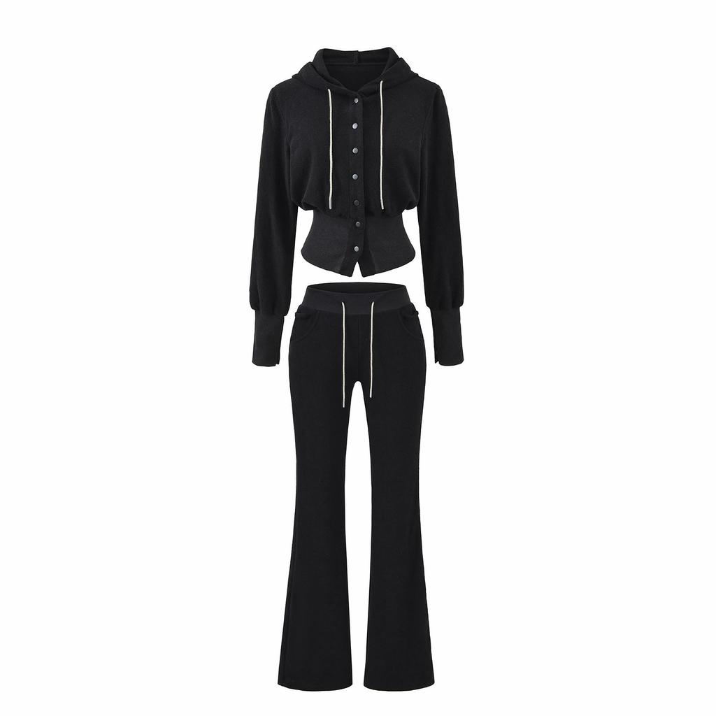Women's Relaxed Fit: Waist-Cinching Diamond Chain Hooded Cardigan + Micro-Flare Pants Set