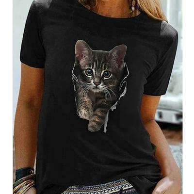 Women Summer T Shirt Trend Kitten Print Retro Fashion Short Sleeve Tees Casual   Printed  Tops
