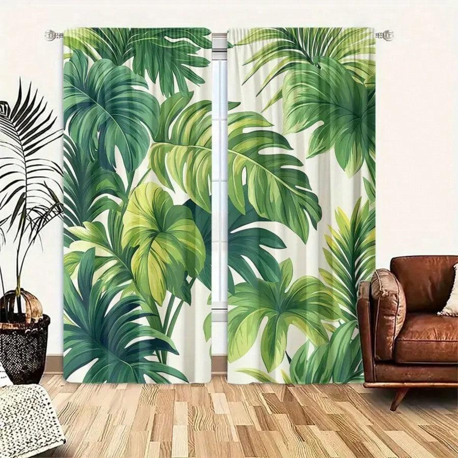 2 Pcs Polyester High Definition Digital Printed Green Leaves Pattern Sheer Curtains   Suitable For Bedroom   Living Room   Office