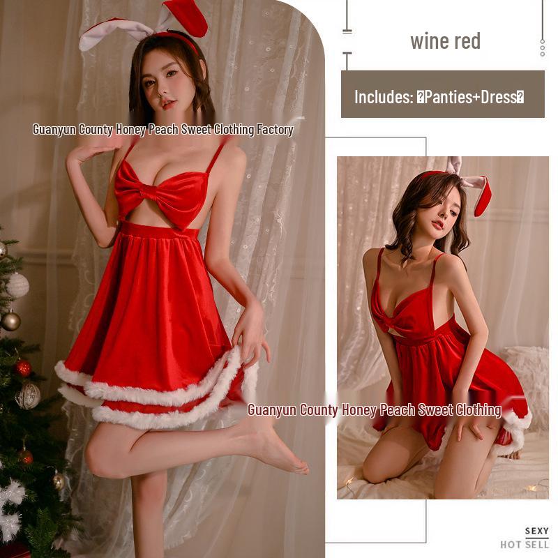 

Сексуальное красное платье-комбинация без спинки с бантом, рождественское нижнее белье, пижама One Size