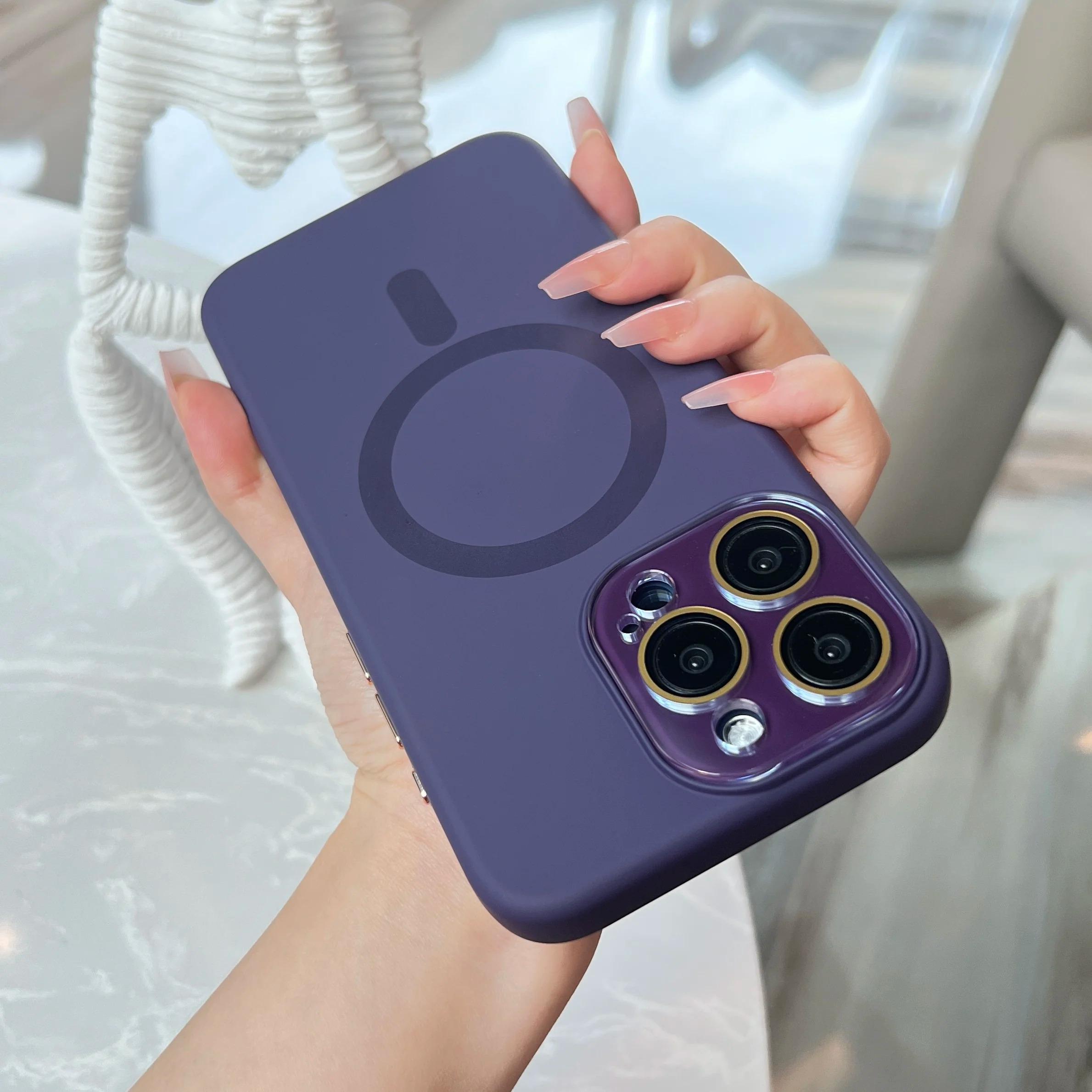 

Жидкий силиконовый магнитный оригинальный чехол для iPhone 15 14 Plus 13 12 11 Pro Max для беспроводной зарядки Magsafe противоударный мягкий чехол For iPhone 11Pro фиолетовый