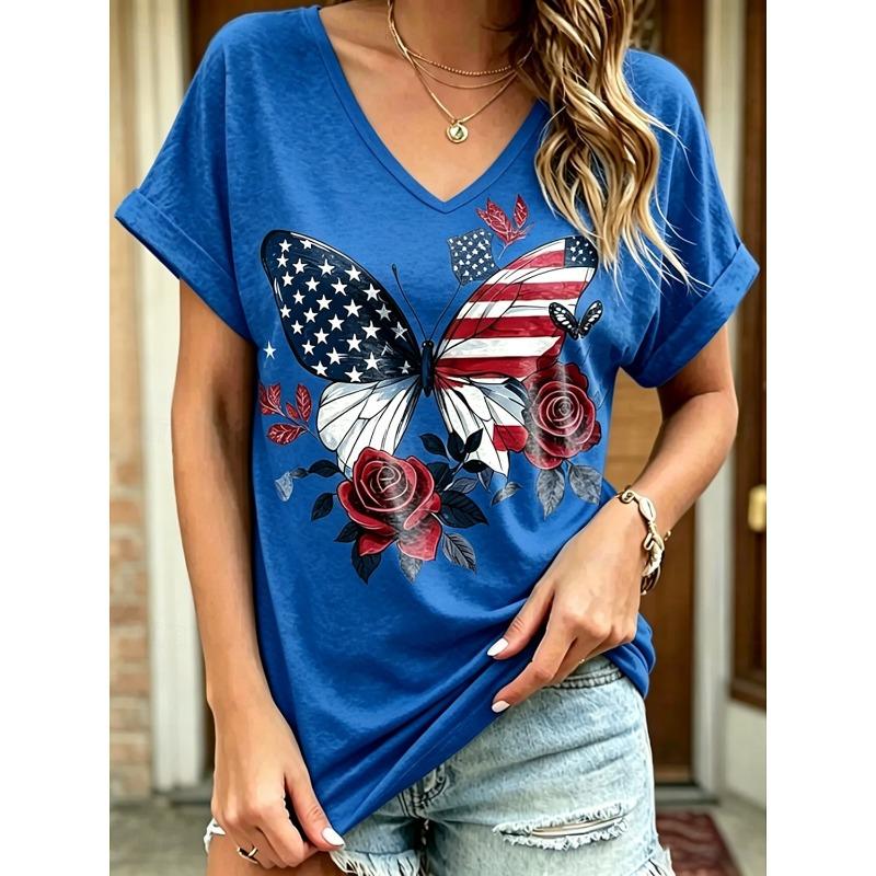 

Women s Vintage American Flag Graphic V Neck T Shirt, Short Sleeve Regular Tops, Daily Weekend Casual Outfit for Spring & Summer XL