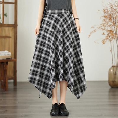 Plus Size High Waist Cotton Vintage Plaid Casual Summer Loose Long for Woman Skirts Womens Skirt
