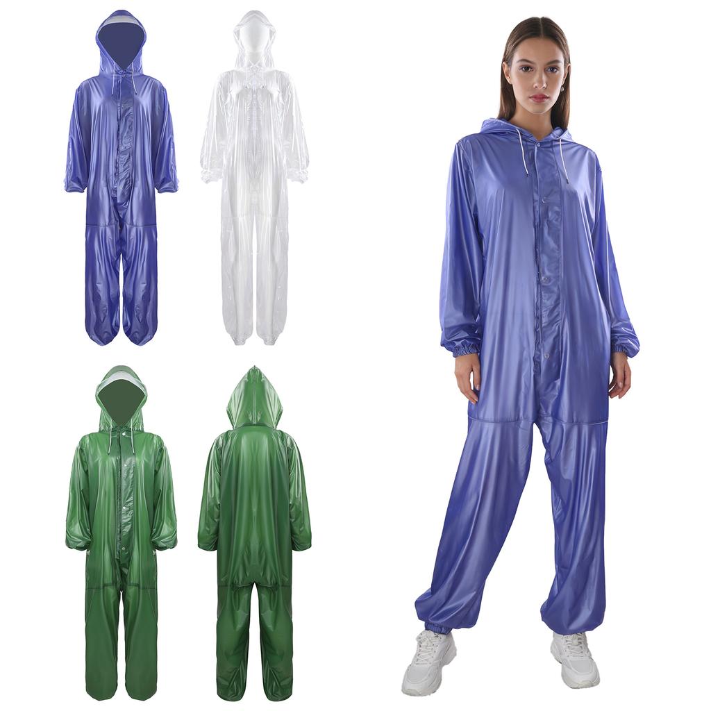 Unisex Full Body Hooded Raincoat Drawstring Hood Front Button Zipper One Piece Waterproof Jumpsuit Workwear