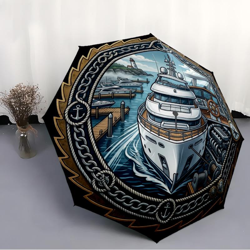 Nautical Luxury Yacht Journey Pattern Umbrella, Portable and Foldable Design, 8 Ribs, a Casual Accessory for Halloween, Christmas, and Birthday Gifts.