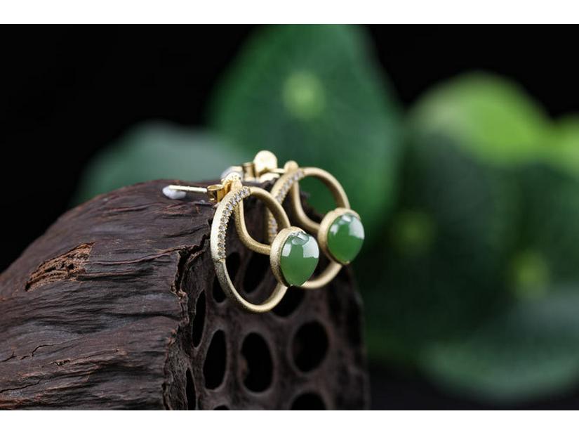 Gold-Plated 925 Sterling Silver Hetian Jade Two-Way Stud Earrings for Women with Certificate