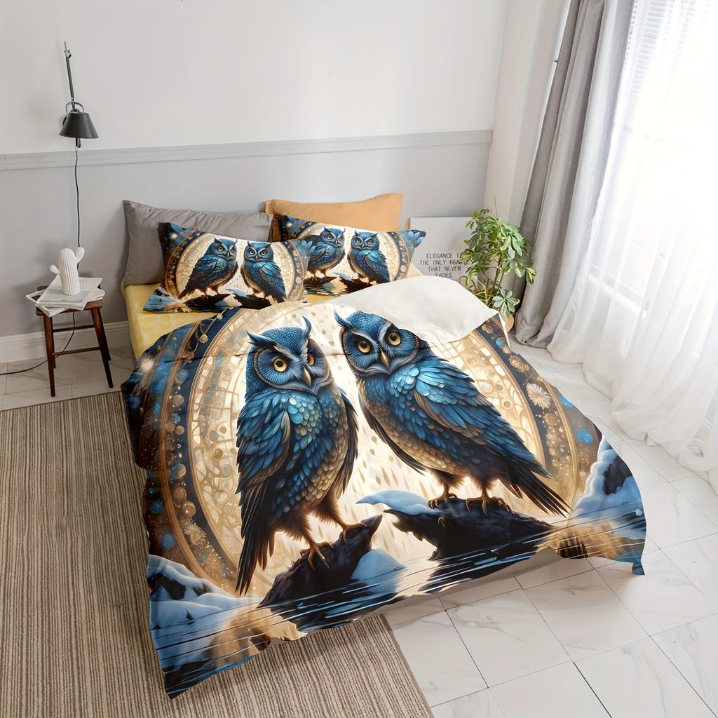 Duvet Cover Set (1*Duvet Cover + 2*Pillowcase) Owl Print Bedding Set Soft Comfortable And Breathable Duvet Cover For Bedroom