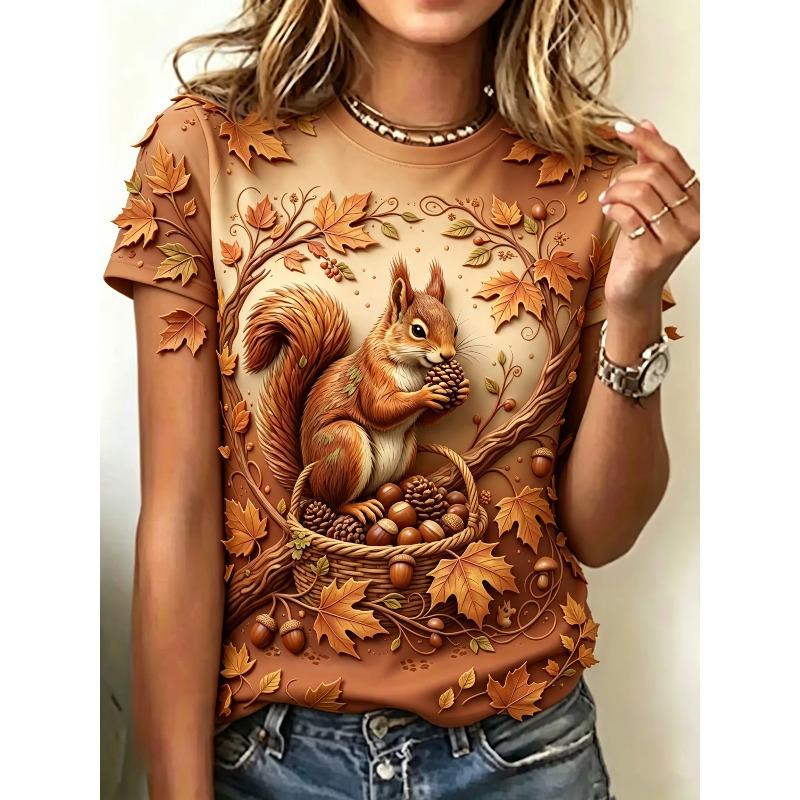 Summer Ladies Squirrel 3D Printed Crew Neck T-Shirt