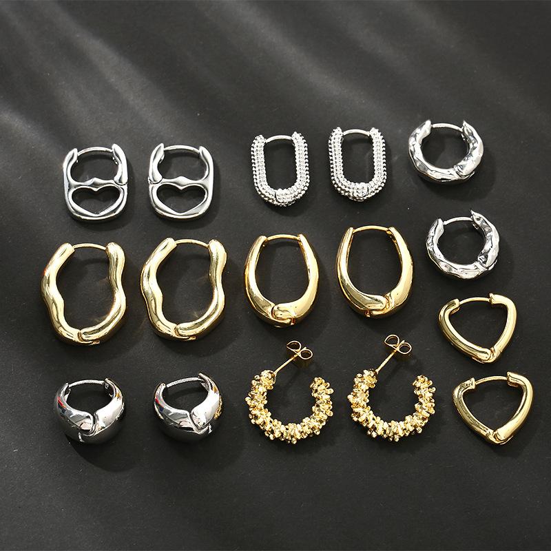 Geometry Irregular Smooth Metal Ear Buckle Earrings for Women Girls Vintage Fashion Gold Color Oval Earrings Punk Zircon Set