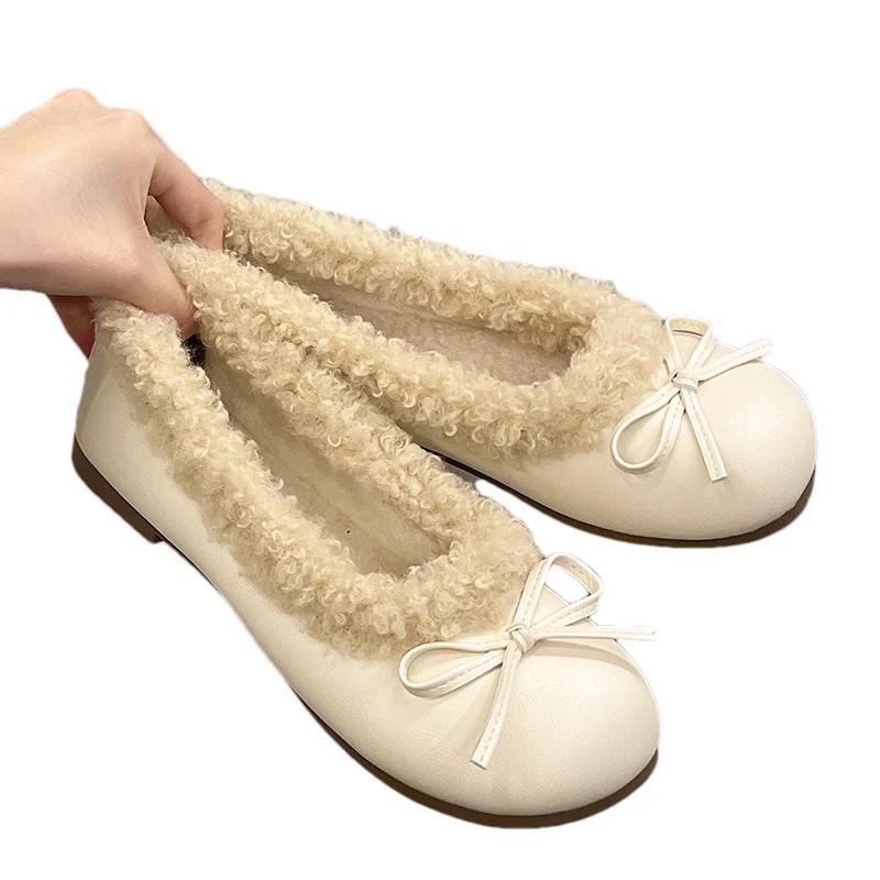 Bow Shallow Women Flats Ballet Dance Shoes Fur Short Plush Buckle Shoes 2025 Trend Designer Elegant Dress Winter Chaussures Lady