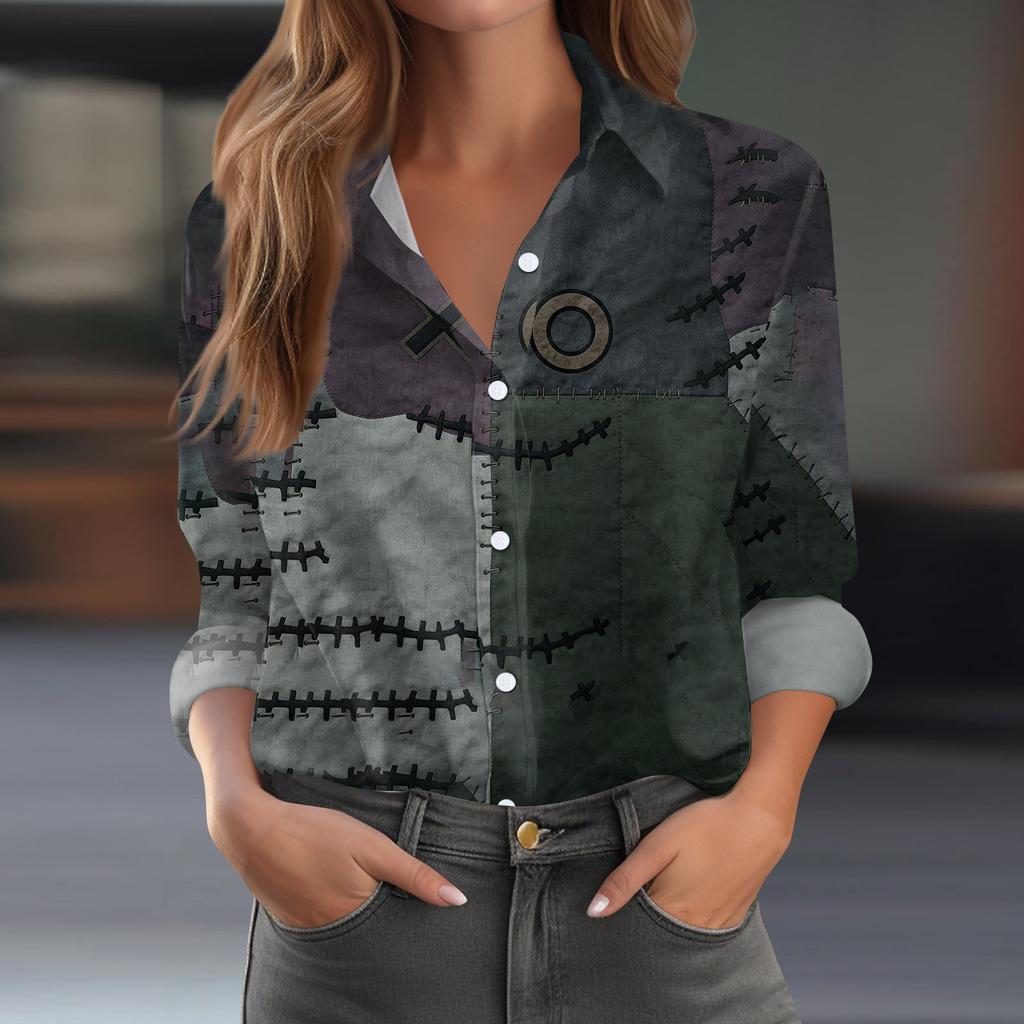 Women's Long Sleeve Button Down Shirt Casual Regular Fit Halloween Print Shirt Top with Classic Collar and Full Button Closure