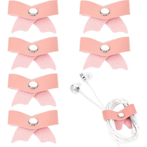 6 Pcs Cord Organizer, Leather Pink Bow Cord Keeper Cable Organizer USB Holder Reusable Multipurpose Cables Management Strap for Earphone, Phone