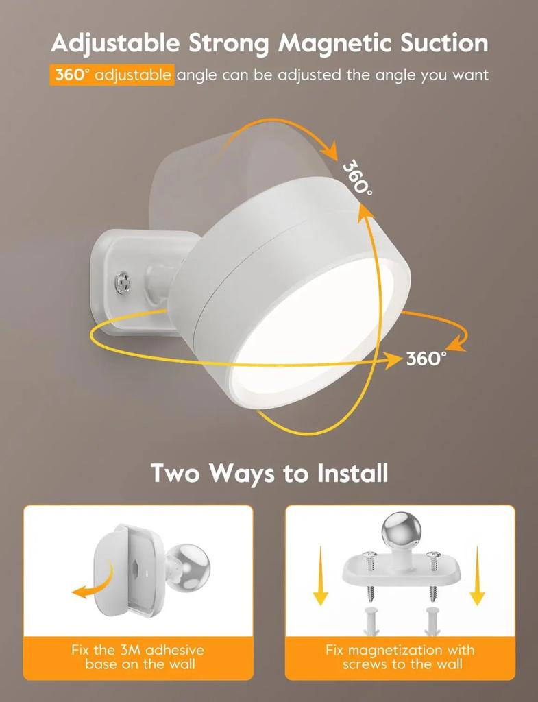 LED Magnetic Wall Sconce Lights,Rechargeable Dimmable Wall Mounted Lights with Remote, 360° Rotation Wall Mount Lamp for Bedroom