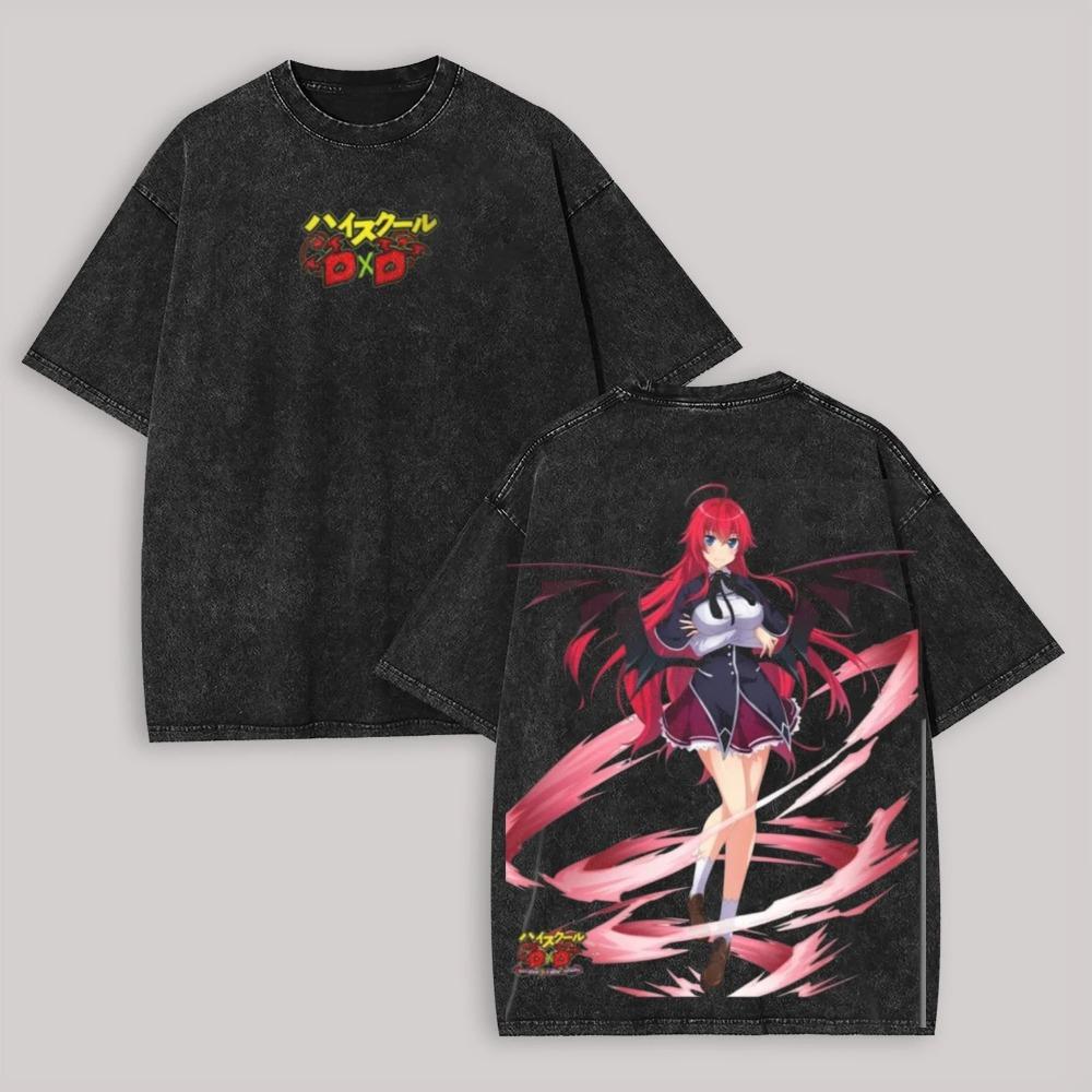 High School DxD Риас и Акено Двусторонняя Винтажная Стиранная Аниме Футболка Девушка-Кимоно Оверсайз Черная Унисекс Уличная Футболка L