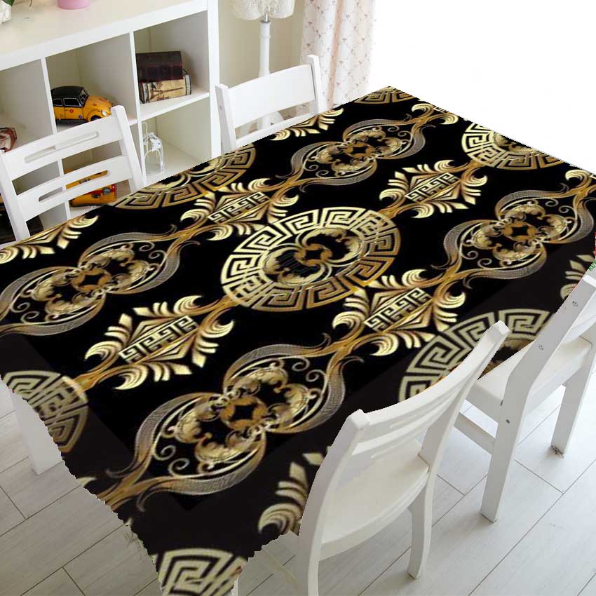 Luxuriöse, rechteckige Tischdecke mit geometrischem Muster in Schwarz und Gold, bedruckt für Tisch und Dekoration, wasserdichte Tischdecke
