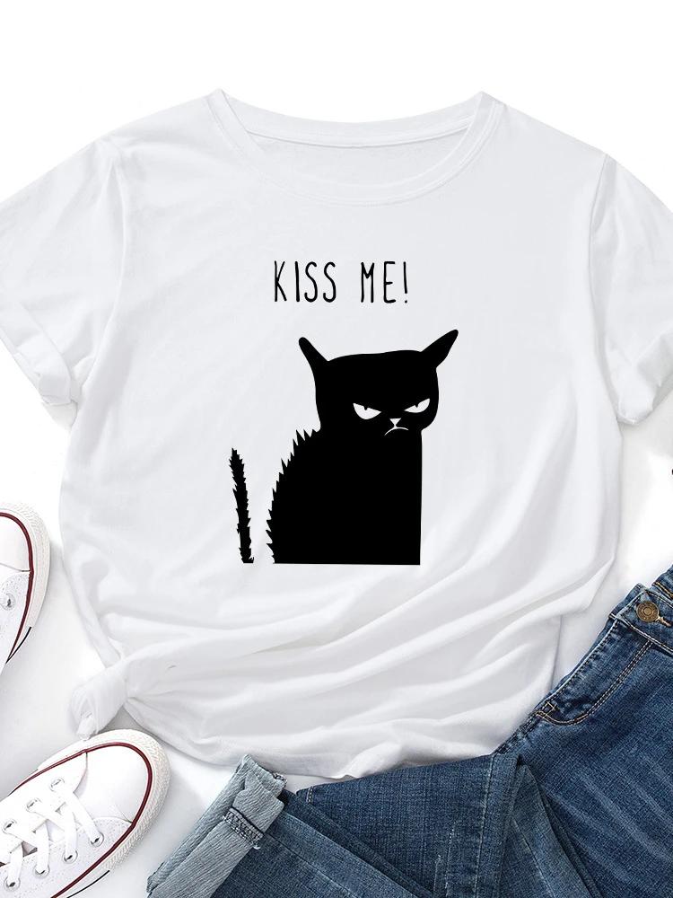 Kiss Me Black Cat Print T Shirt Women Short Sleeve O Neck Loose Tshirt Summer Women Causal Tee Shirt Tops Camisetas Mujer