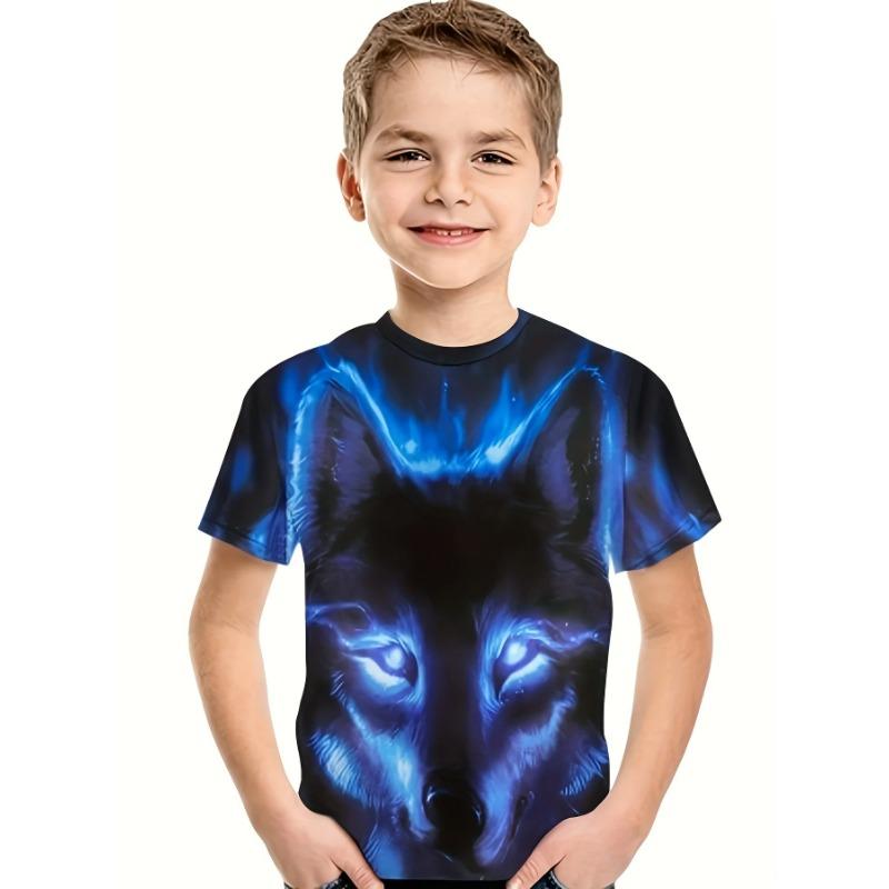 Summer Round Neck 3D Printed Wolf Pattern Top Fashionable Casual Cool Short Sleeved Children's Boy T-shirts