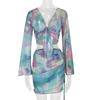 Tie-Dye Printed Gradient Color Short Top Drawstring Mesh