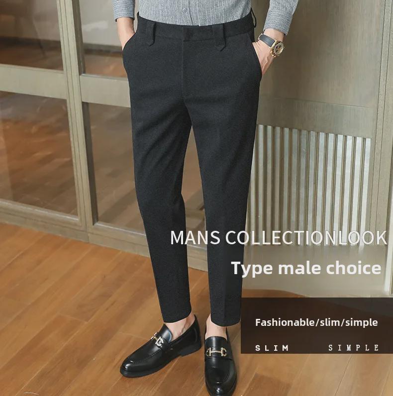 Men's Slim-Fit Woolen Tweed Trousers for Autumn/Winter - Casual Nine-Point Suit Pants