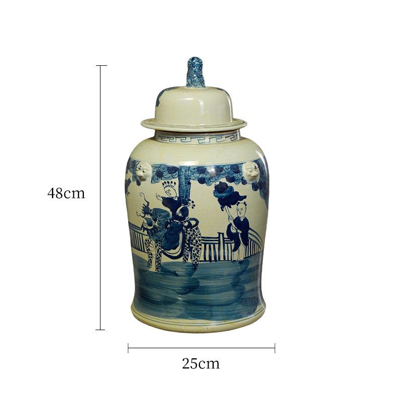 Antique-Style Jingdezhen Blue and White Porcelain Jar with Hand-Painted Figures, Flowers, and Birds - Home Storage Vase