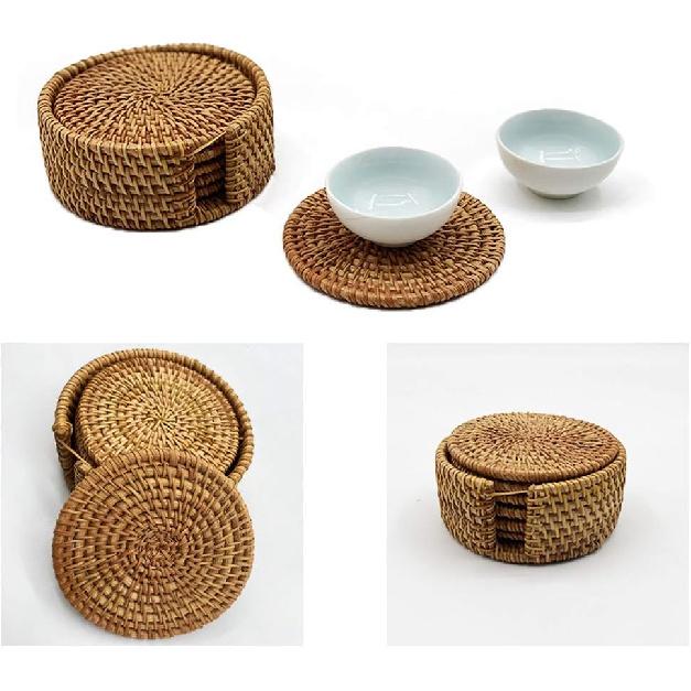 Rattan Coasters Set of 6 - Handwoven Wicker Coasters for Wooden Table, Brown with Holder (3.9 inch)