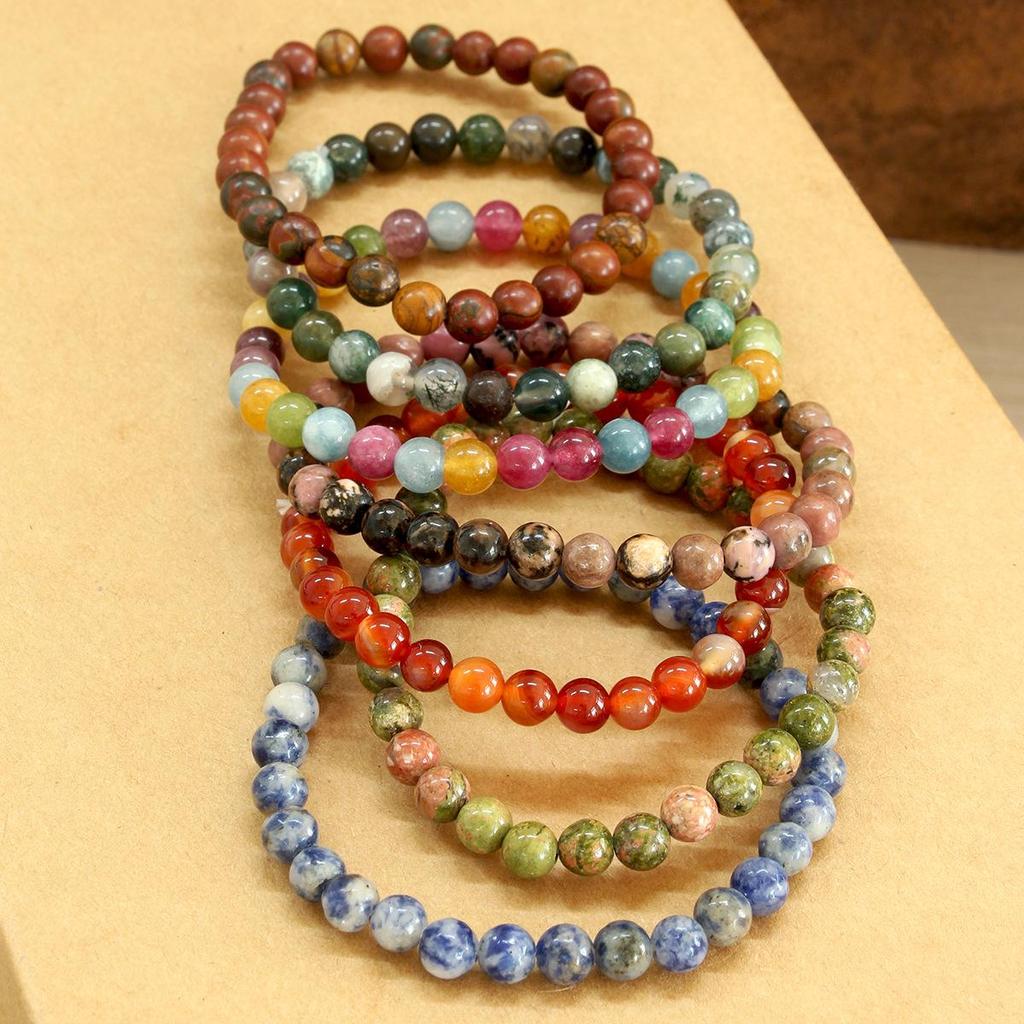 European 6mm Natural Agate Crystal Beaded Bracelet - Handmade Elastic Cord Jewelry for Women