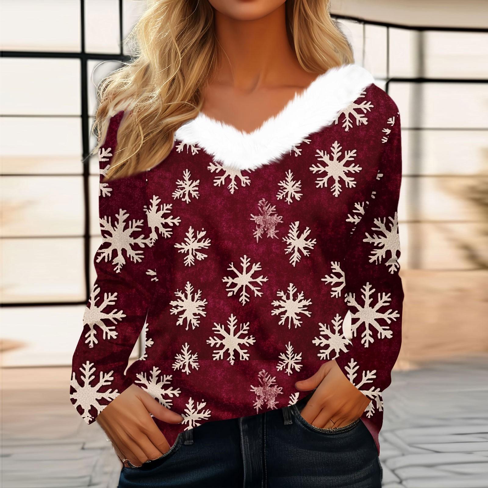 

Женская футболка, рождественская рубашка с длинным рукавом, вечерние, рождественский флисовый воротник, топ с v-образным вырезом XXL