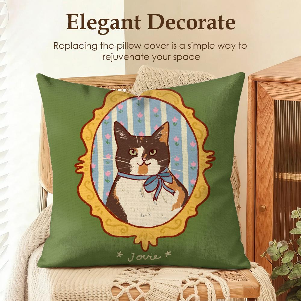 Cute Caroon Cat Portrait Cushion Cover Natural Linen Organic Fabric DoubleSided Printing Sofa Home Decor Gift Pillow Case