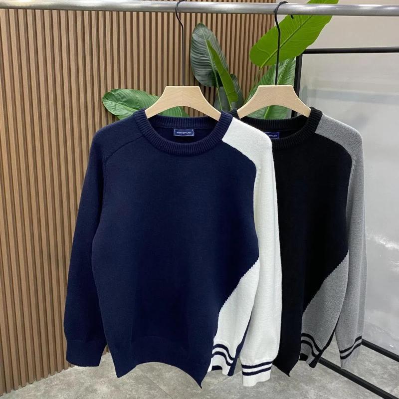 Koreanische Mode Herbstpullover Herren O-Ausschnitt Kontrastfarbe Patchwork Lässig Langarm Überzieher Locker Gestrickte Oberteile