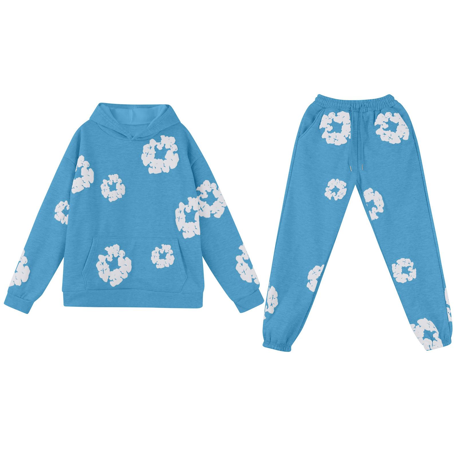 

Женский спортивный костюм с капюшоном, унисекс, двухсекционная одежда для бега, пуловер с длинными рукавами, толстовка с капюшоном + комплект спортивных штанов XL небесно-голубой