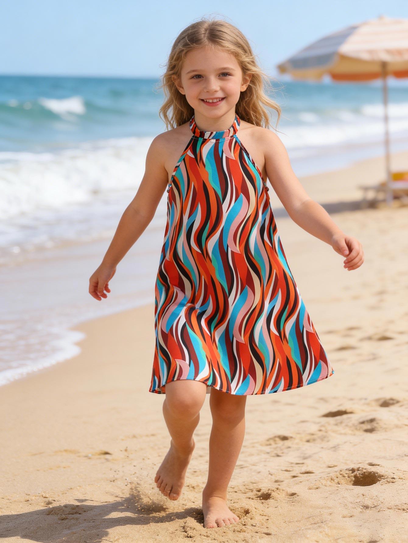 Girls Halter Neck Summer Dress Kids Multicolor Sleeveless Belted Casual Sundress 5-14Y 5-6Y разноцветный