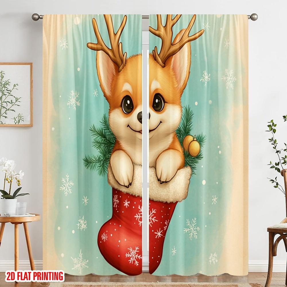 2pcs,2D plane printing Minimalist Curtains Cute Puppy Christmas Stocking Holiday (3) Versatile 100% Polyester (without rod)