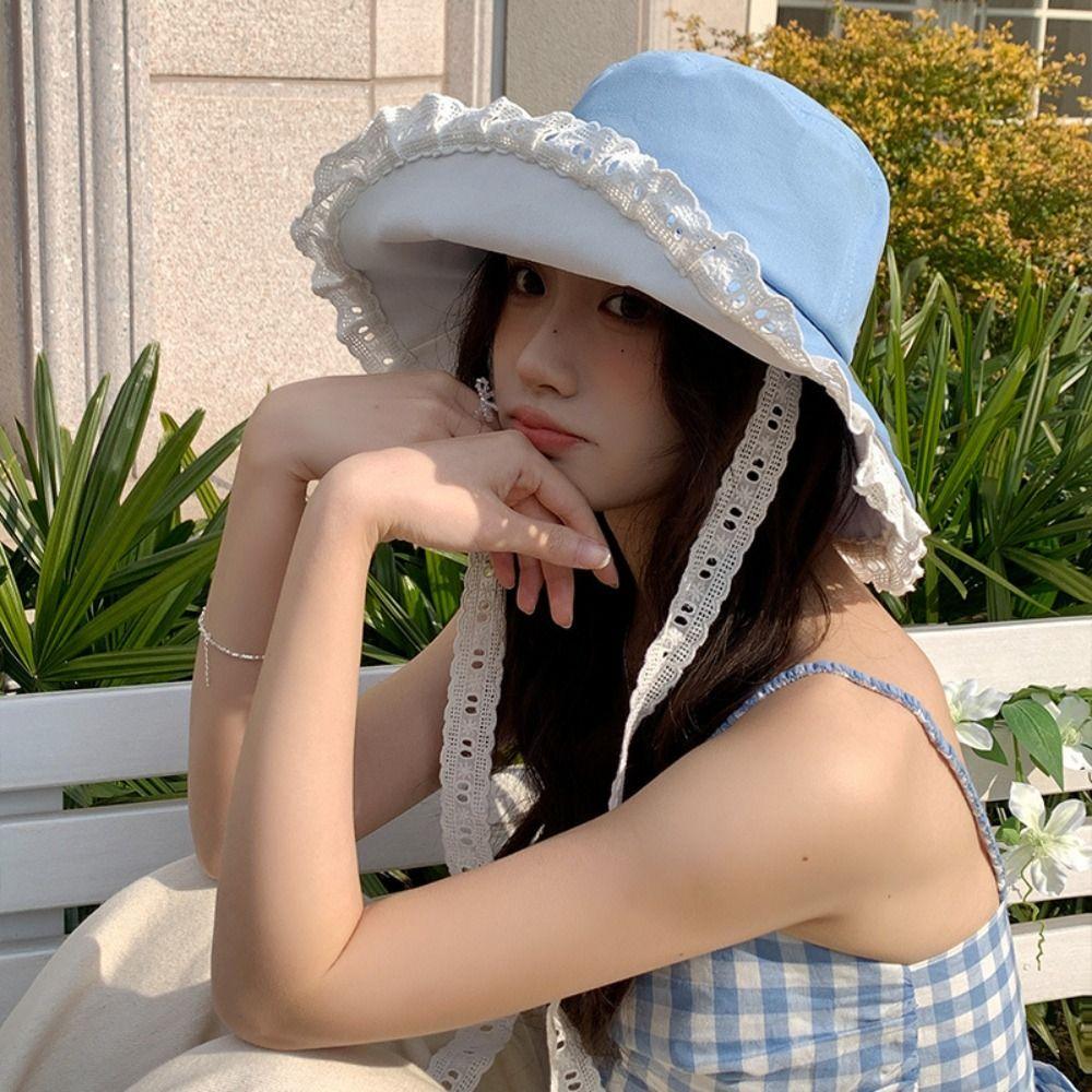 French Style Cowboy Fisherman Hat Big Brim Women's Sun Hat Elegant Lace Ribbon Hat  Travel