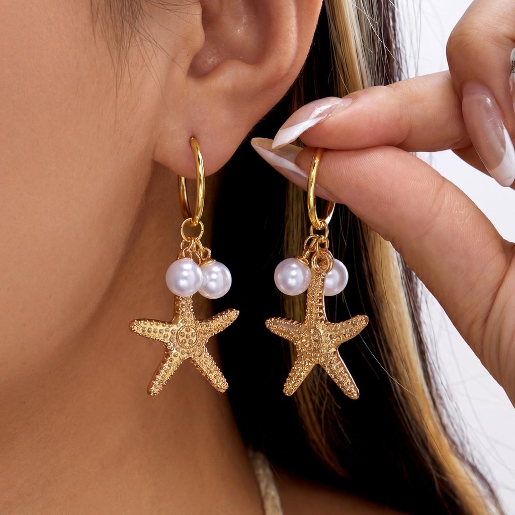 Fashion Starfish Imitation Pearl Earrings for Women Gold Color Hoop Ocean Charm Dangle Jewelry Beach Vacation Summer Accessories