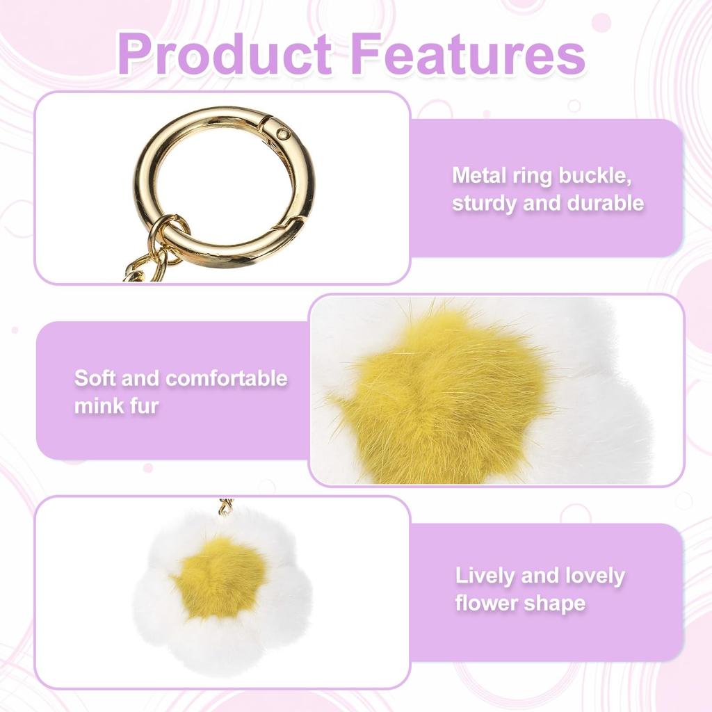 Uxcell 5.1" Flower Plush Keychain, Mink Fur Pom Pom Flower Bag Decoration, Rex Floral Petal Pendant, Car Key Ring, Bag Decoration, Handbag Buckle,