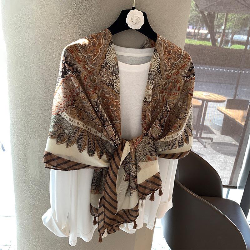 Exotic cashew flower shawl coffee-colored fringed cotton and linen silk scarf, spring and summer wear atmosphere scarf 180*90cm