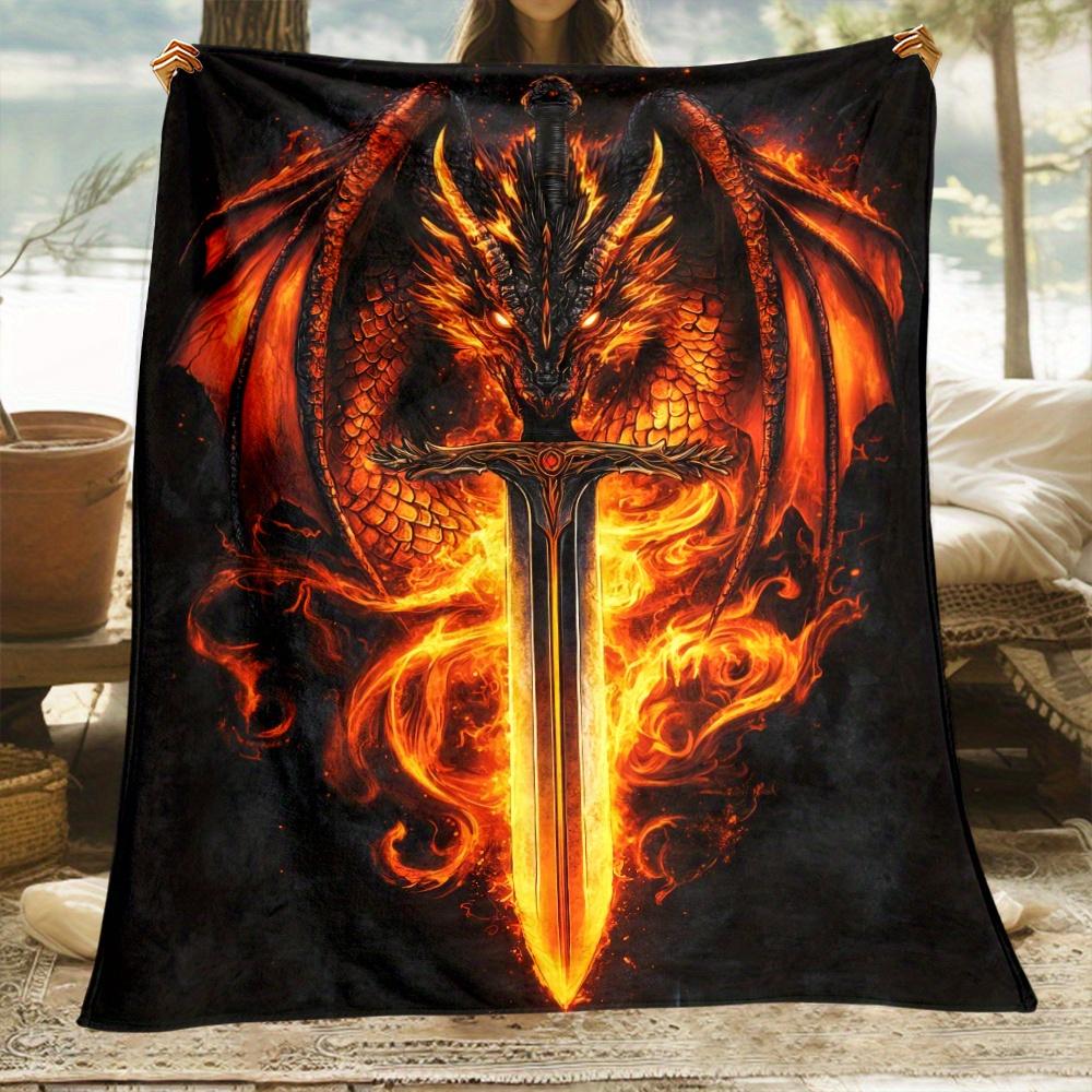 Dragon Wings & Sword Flannel Blanket - Lightweight & Portable for Sofa/Bed/Travel, Soft Machine Washable Polyester Throw